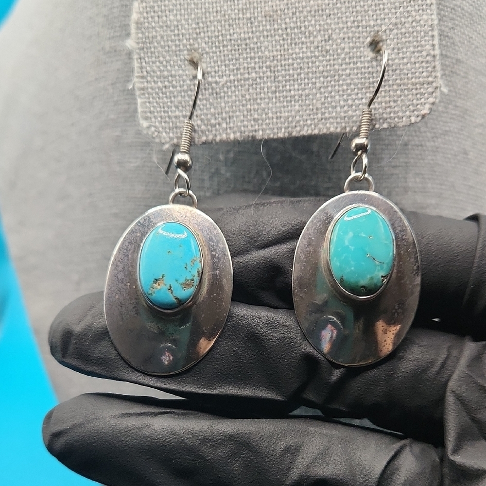Turquoise and Silver Oval Earrings - Picture 5 of 6
